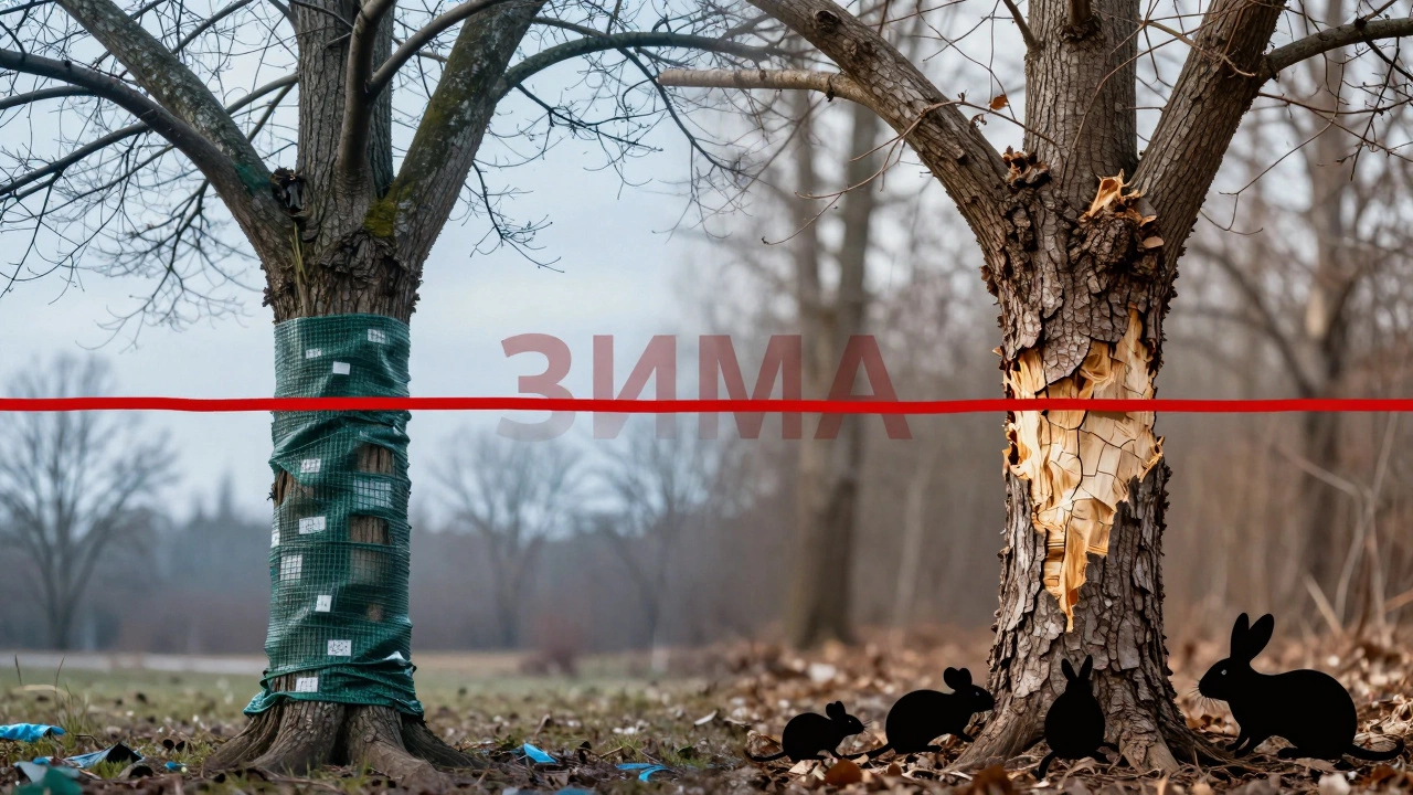 Контраст: защищённое дерево слева и повреждённое грызунами — справа, символизирующий зимнюю защиту.
