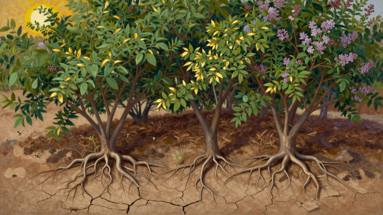 Корневые системы засухоустойчивых кустарников под солнцем.