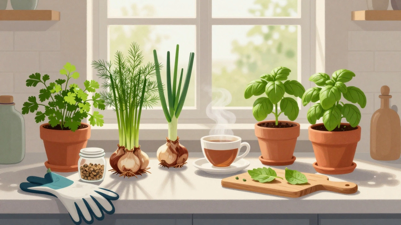 На кухонной стойке горшки с петрушкой, укропом и зелёным луком, семена и перчатки рядом.