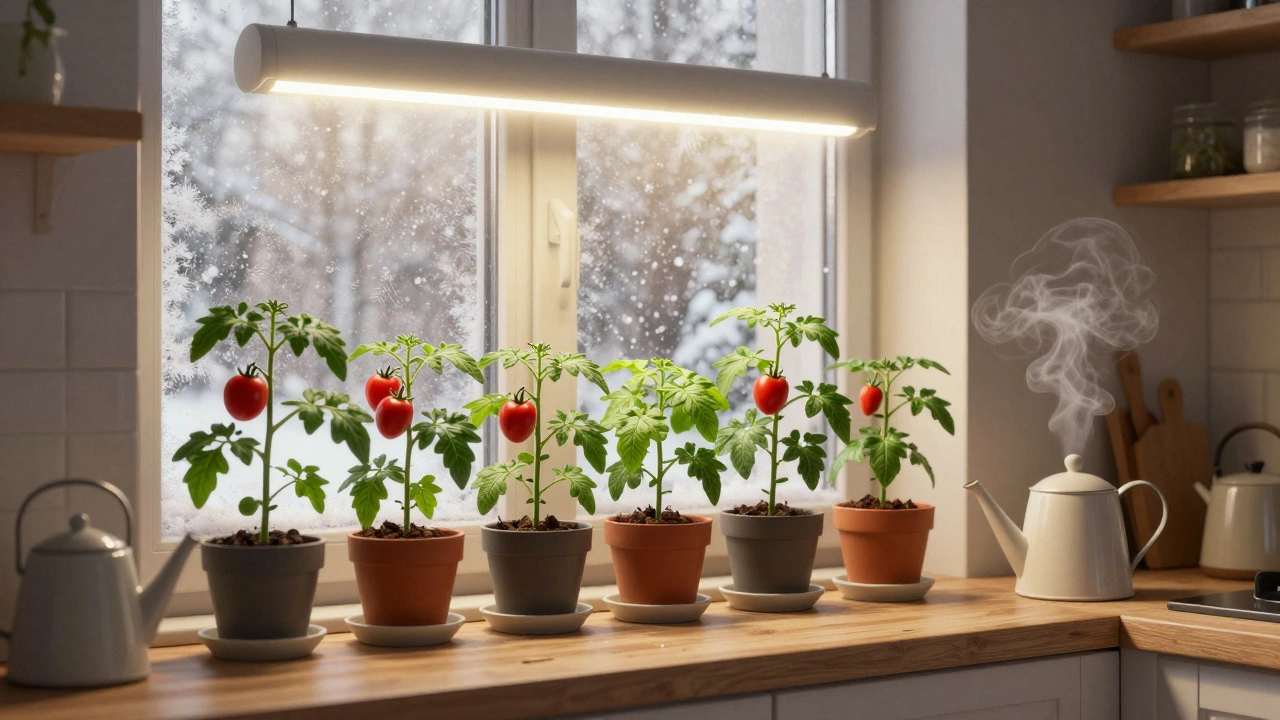 На подоконнике созревают карликовые помидоры и перец под лампами дневного света.