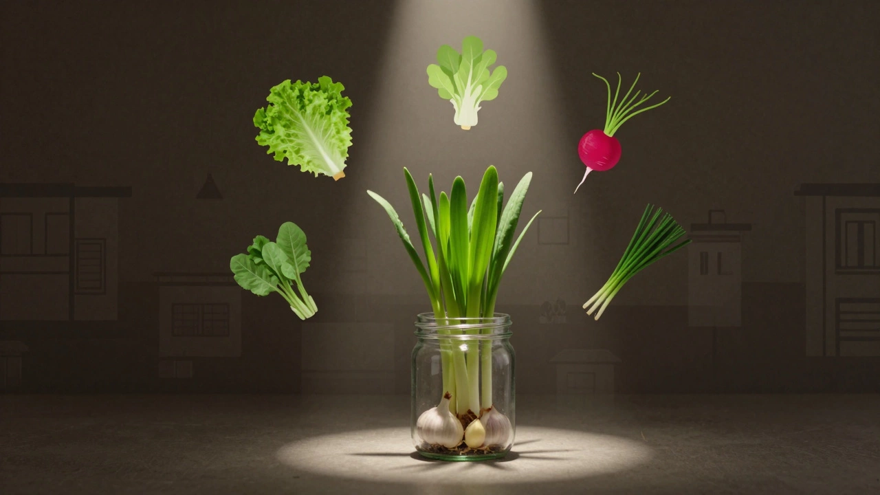 Проросший зубчик чеснока в стеклянной банке с зелеными побегами на фоне зимнего окна.