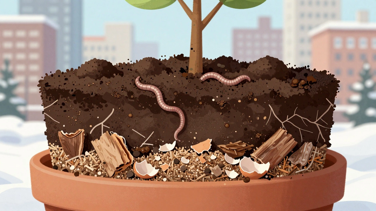 Разрез горшка с корнями, компостом, золой и червями в почве, видно структуру обогащённой земли.
