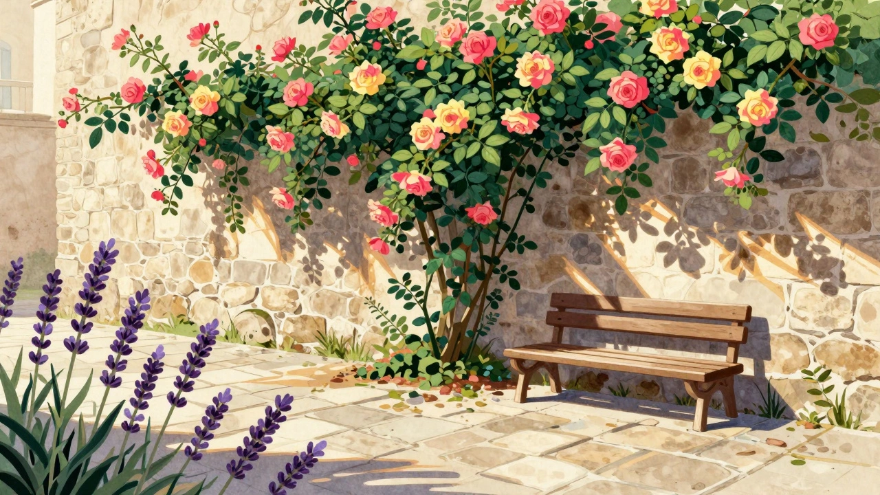 Роза 'Карнавал' на южной стене с лавандой и каменной дорожкой.