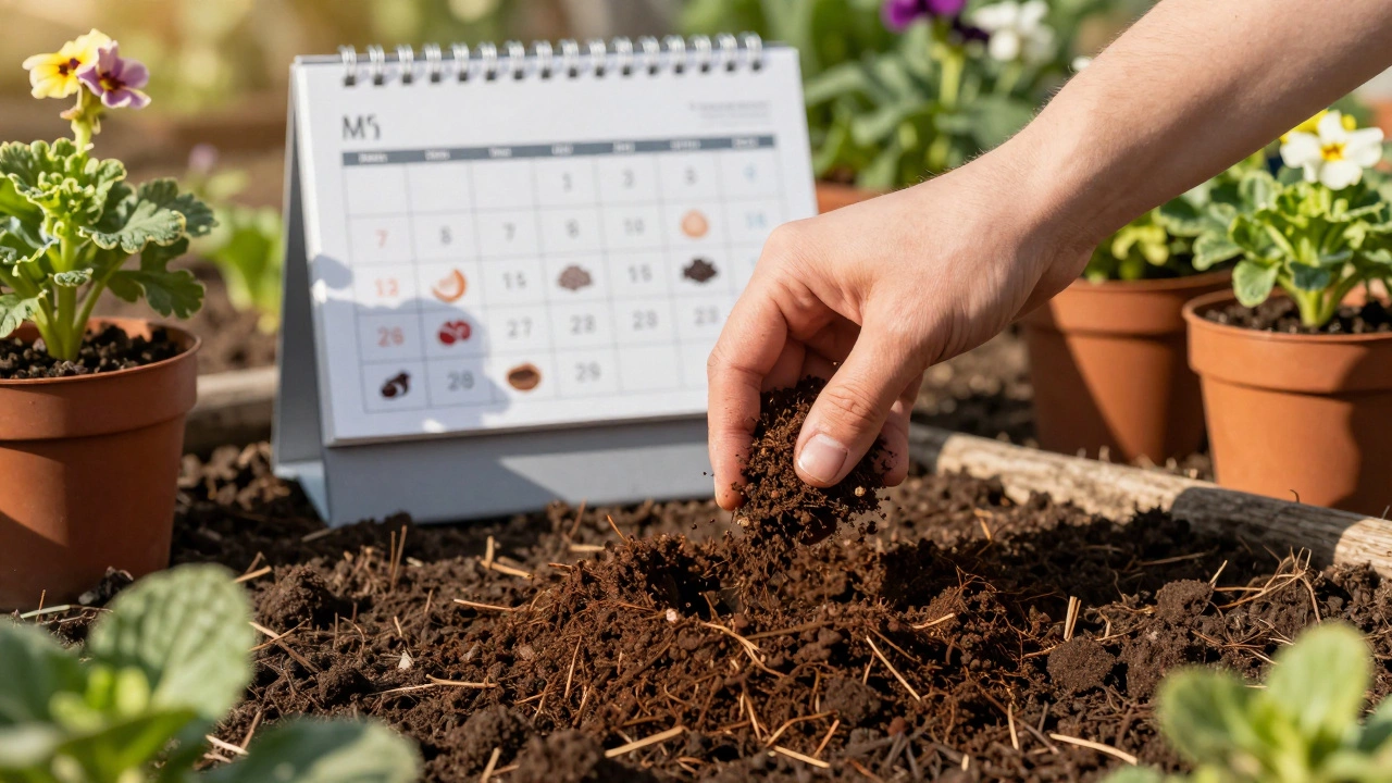 Рука рассыпает компост на землю, рядом календарь с сезонами подкормки и цветущими растениями.
