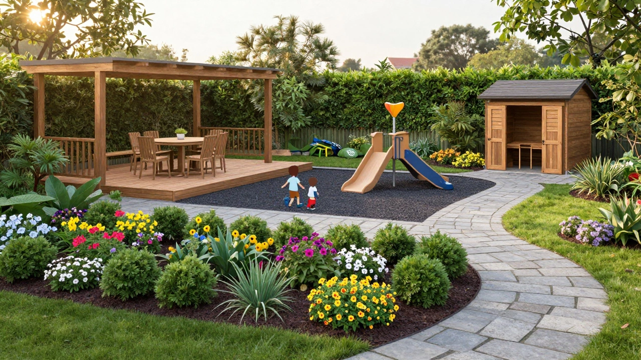 Сад с пятью функциональными зонами: терраса, детская площадка, зона хранения, клумбы и дорожки.