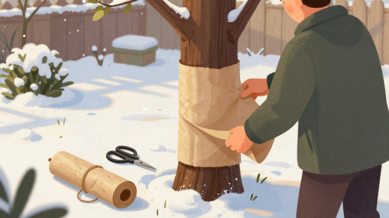 Садовник обматывает ствол дерева крафт-бумагой в зимнем саду при тёплом зимнем свете.