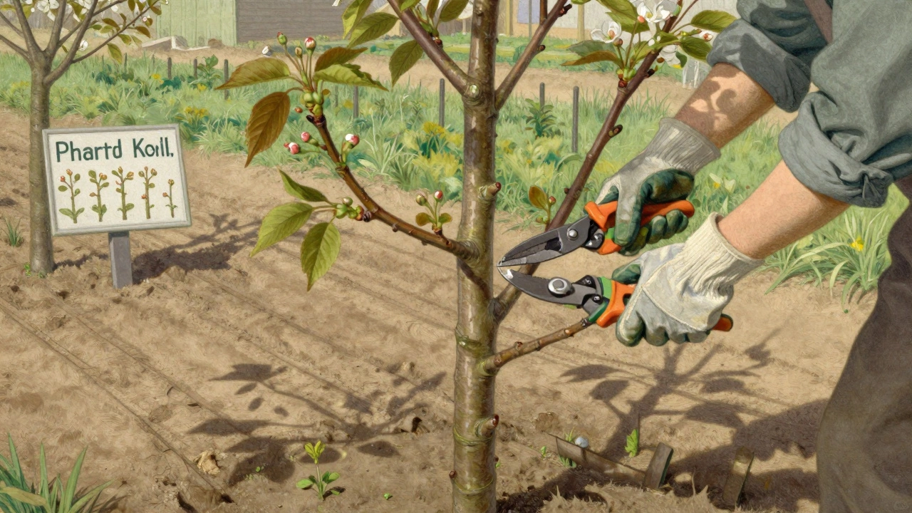 Садовник обрезает пятилетнее дерево вишни с правильно сформированной кроной