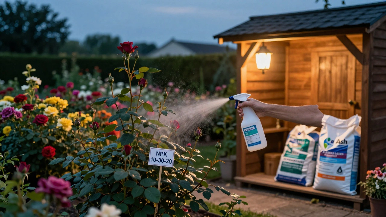 Садовник опрыскивает розы борной кислотой вечером, рядом — цветущие растения и удобрения.