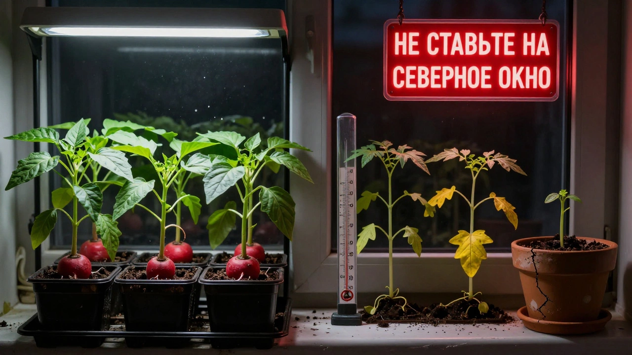 Сравнение: здоровые перец и редис на свету, слабые помидоры в тени, красная надпись 'Не ставьте на север'.