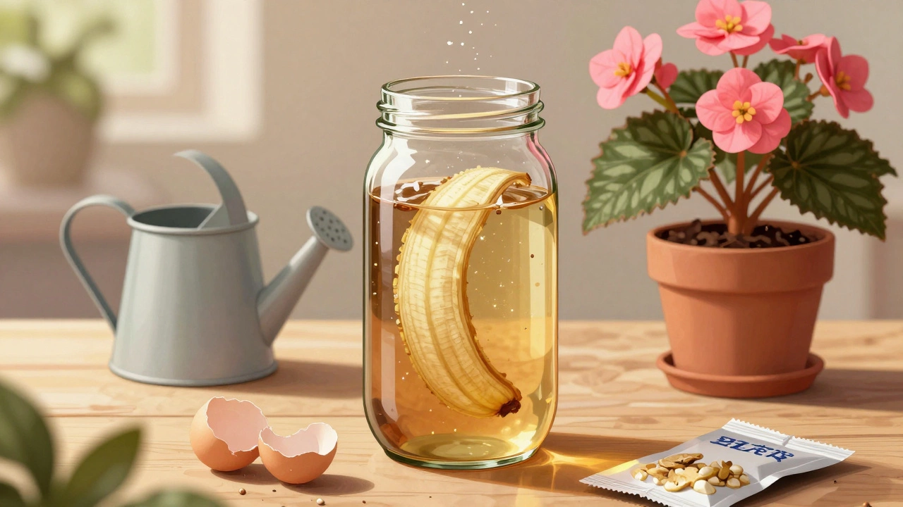 Стеклянная банка с кожурой банана настаивается рядом с горшком бегонии и яичными скорлупками.