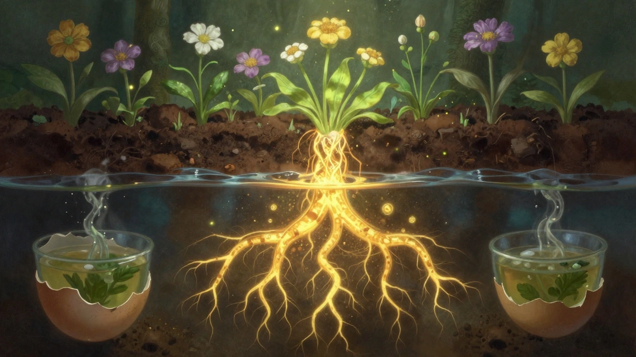 Светящиеся корни поглощают питательные вещества из натуральных растворов под землёй.