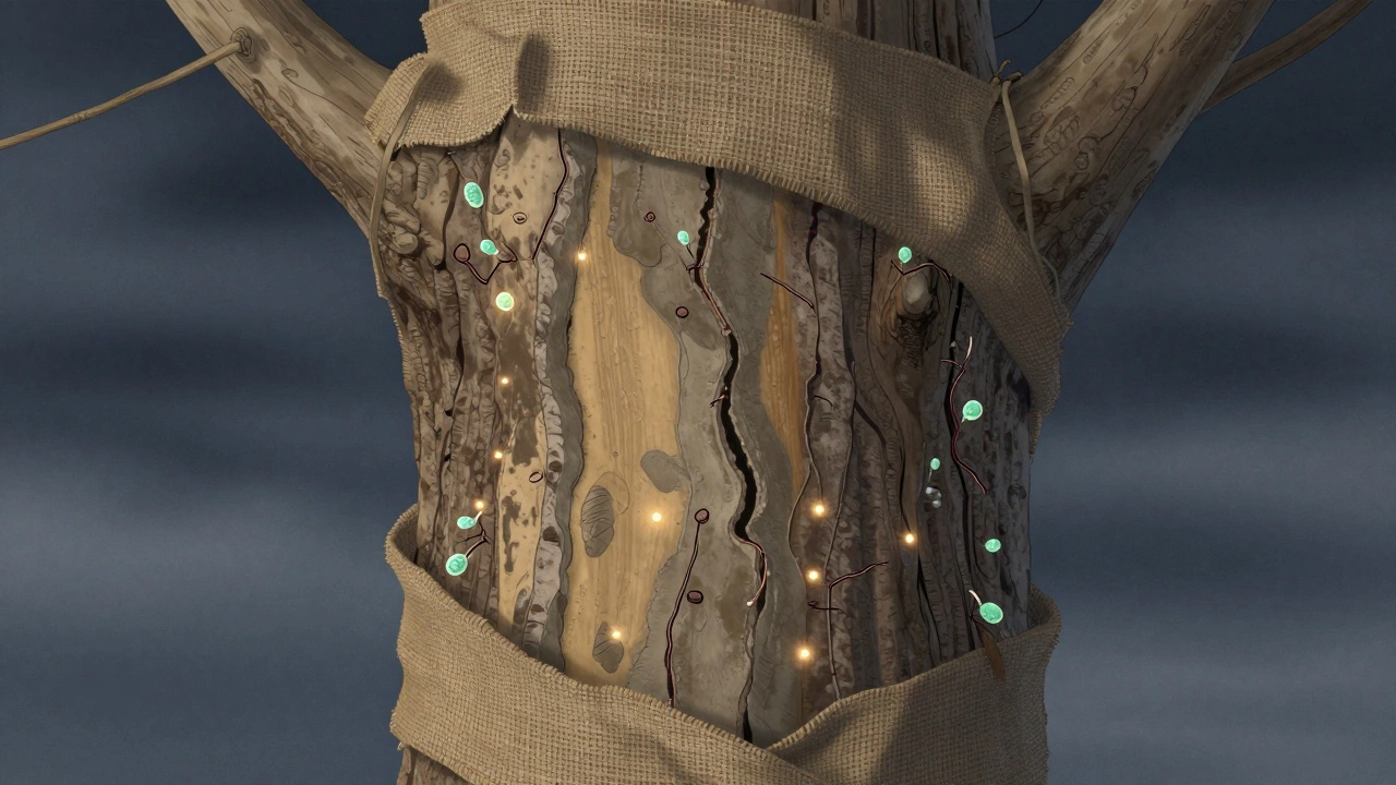 Трещина на коре дерева залечена глиняно-известковой массой и укрыта мешковиной.