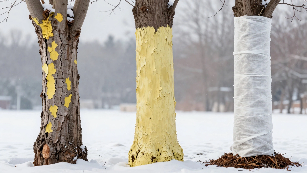 Три дерева: одно с трещинами, одно с защитной побелкой, одно с укрытием и мульчей — сравнение зимней защиты.