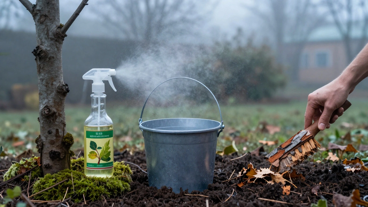 Три метода осенней обработки деревьев: нефтяное масло ним, железный купорос и очистка коры.