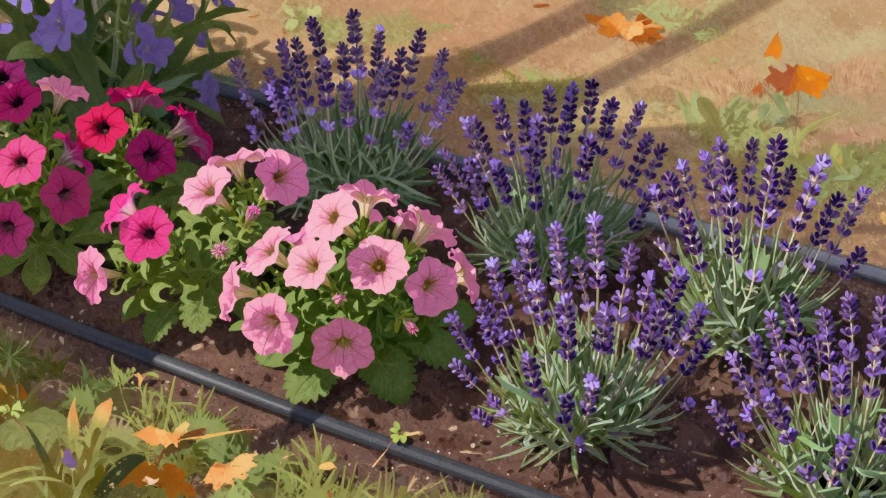 Цветочная клумба с разными типами растений и капельным поливом.