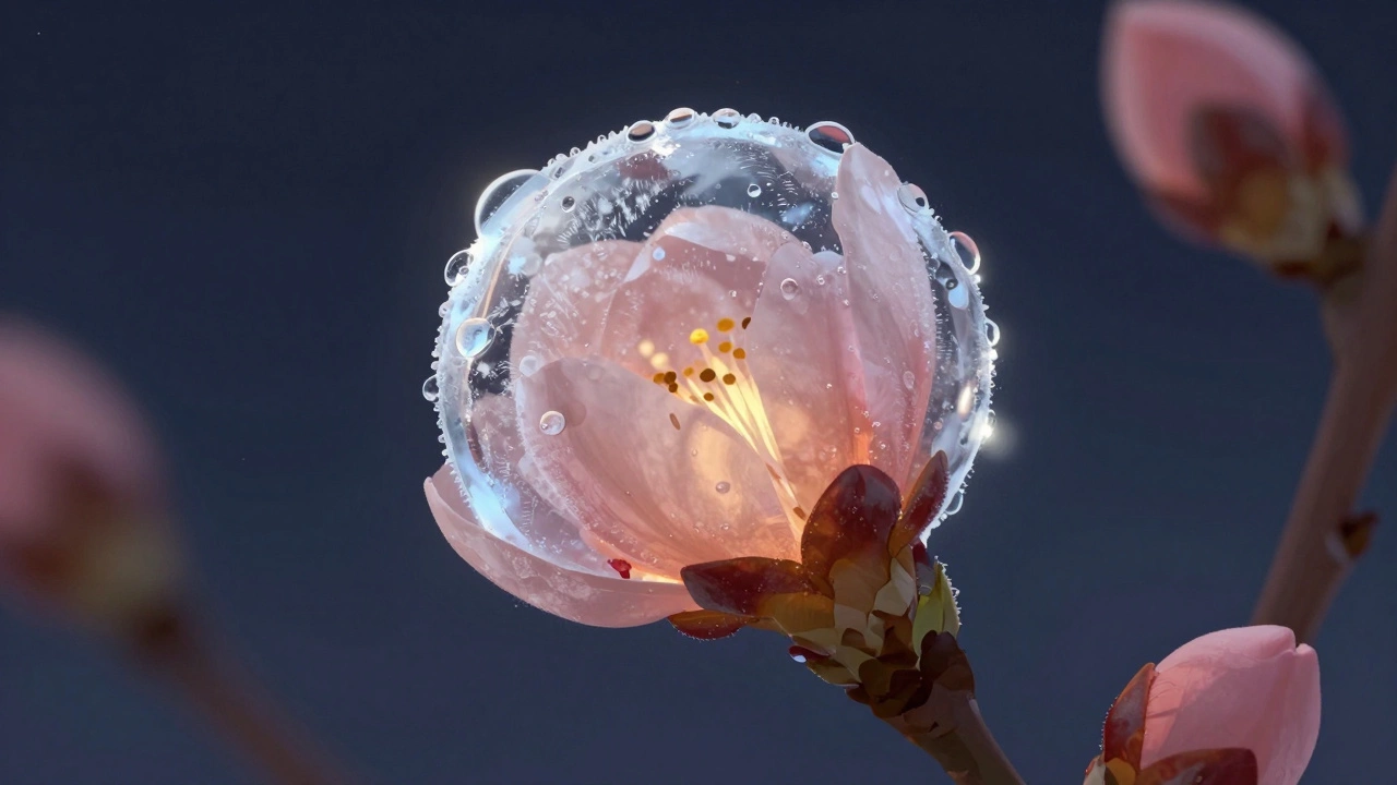 Цветочная почка яблони покрыта тонким слоем прозрачного льда, внутри — тепло, сохраняющее жизнь.