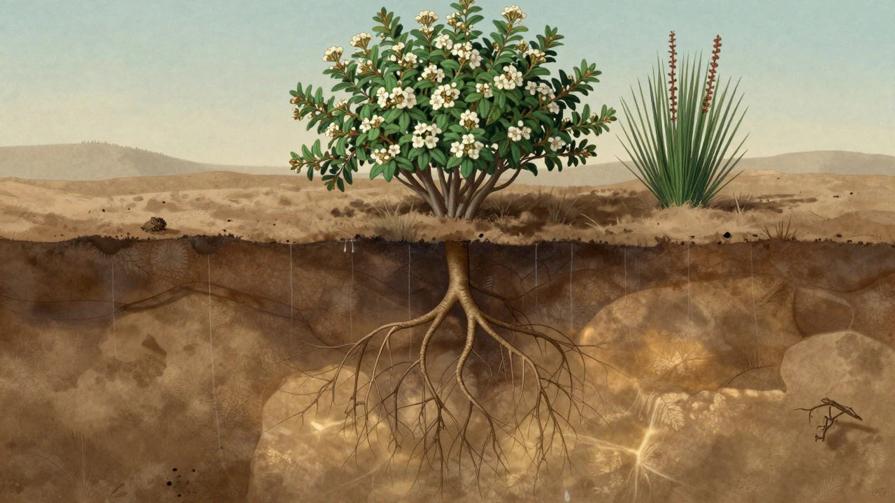 Глубокая корневая система кустарника, проникающая вглубь земли к подземным водам, на фоне сухой поверхности.