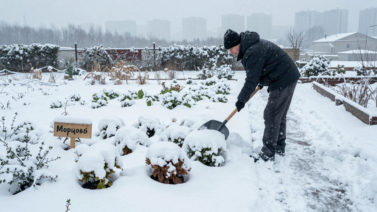 Мужчина накидывает снег с дорожки на грядки, чтобы укрыть овощи на зиму, деревянная табличка с надписью 'Морковь'.