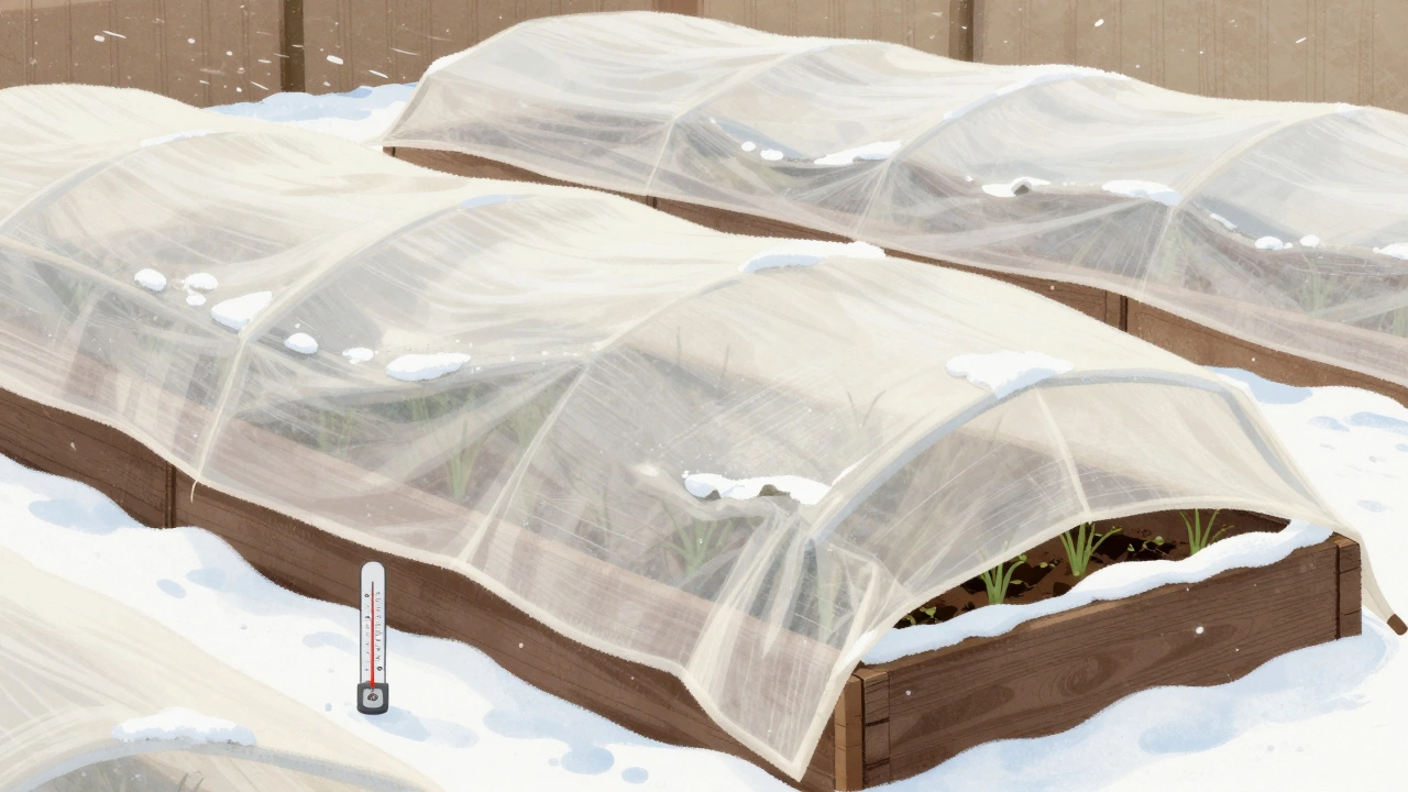Овощные грядки под нетканым материалом, под которым видны зеленые побеги, снег лежит сверху, температура выше нуля.