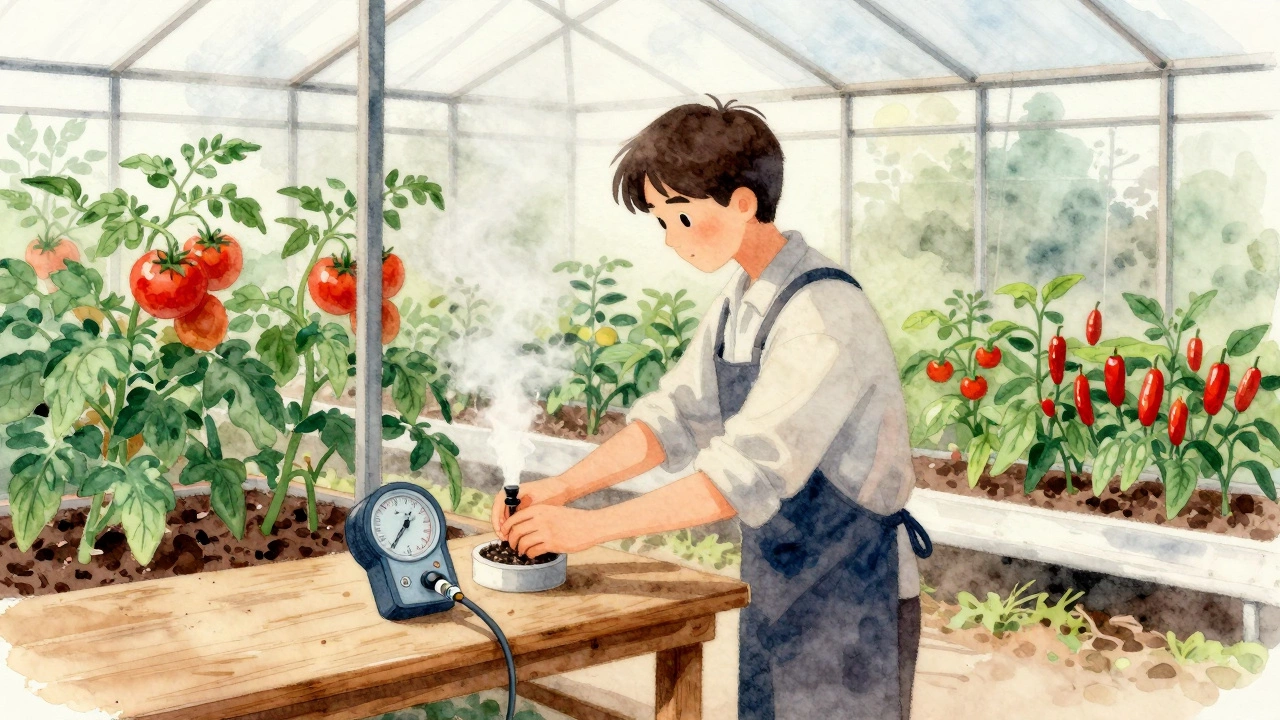 Садовод регулирует влажность в теплице с помощью гигрометра. Помидоры и перец в отдельных зонах.