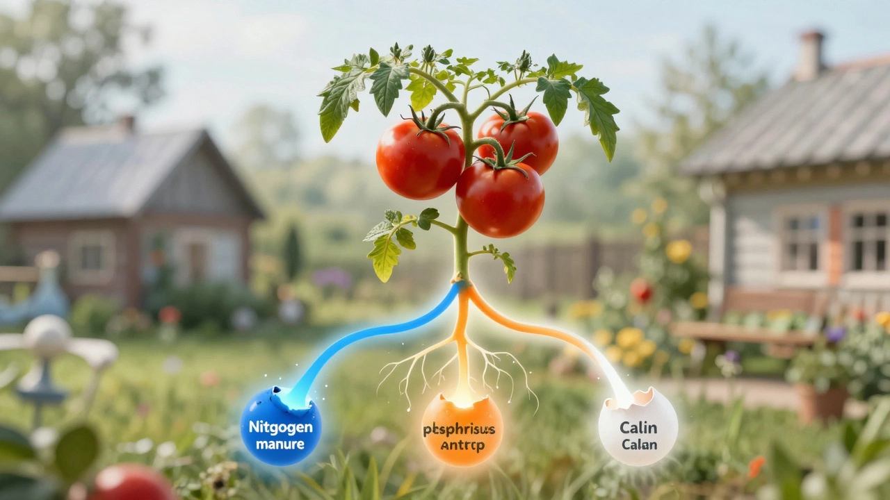 Символическое изображение сбалансированного питания томатов корнями, питающимися тремя компонентами.