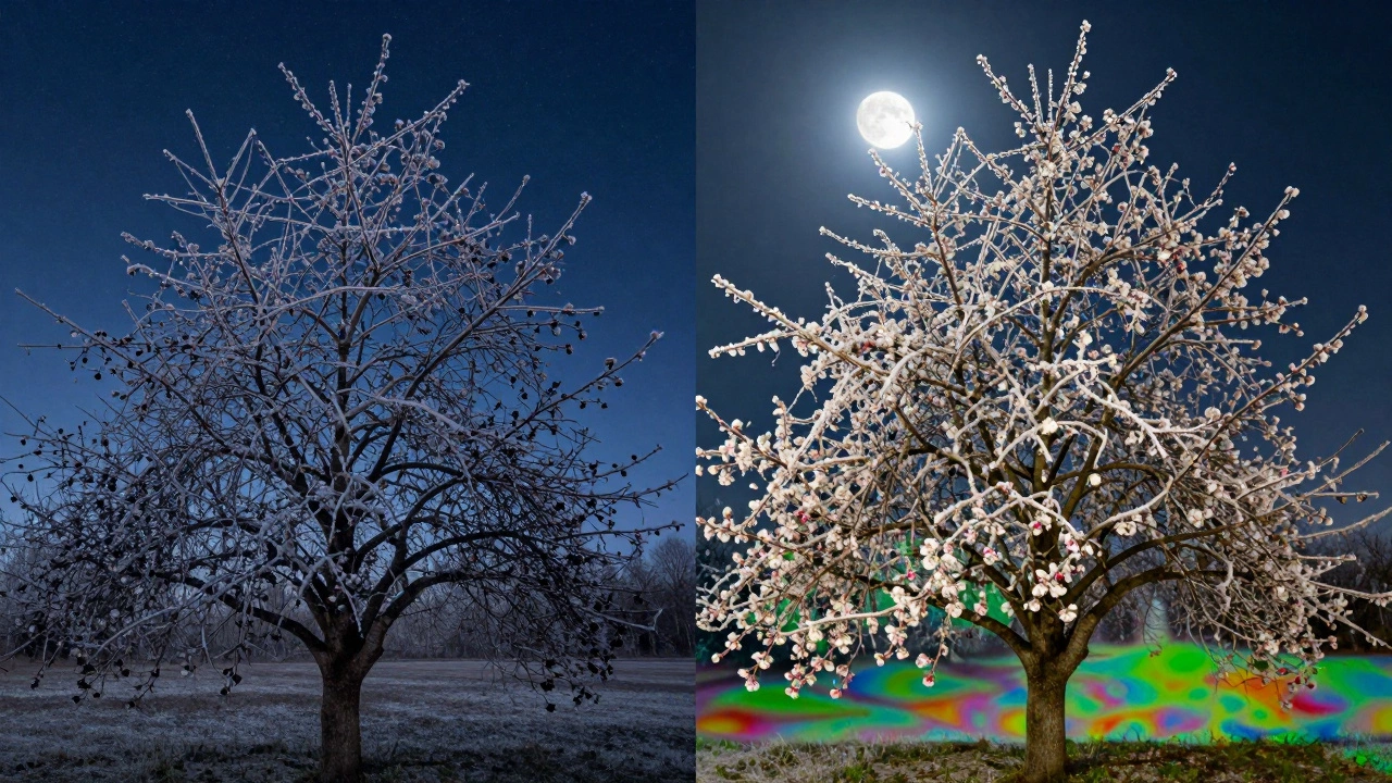 Сравнение: повреждённые почки слева и защищённые льдом — справа, под ночным небом.