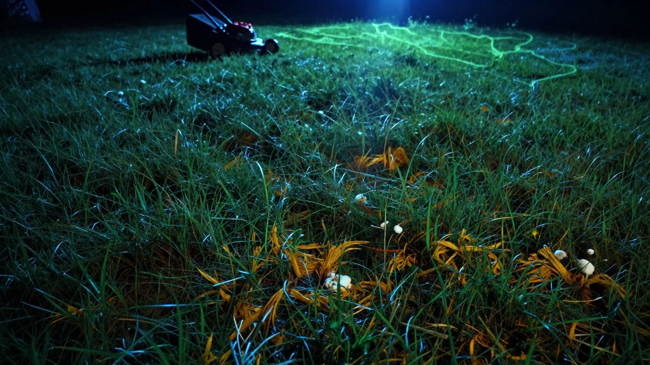 Заброшенный газон с высокой травой и признаками болезней под лунным светом.