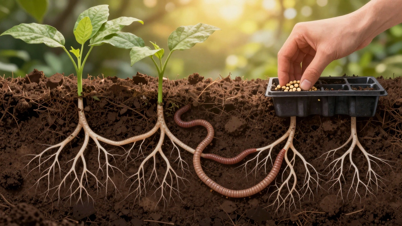 Живая почвенная экосистема с грибными сетями и червями под растениями.