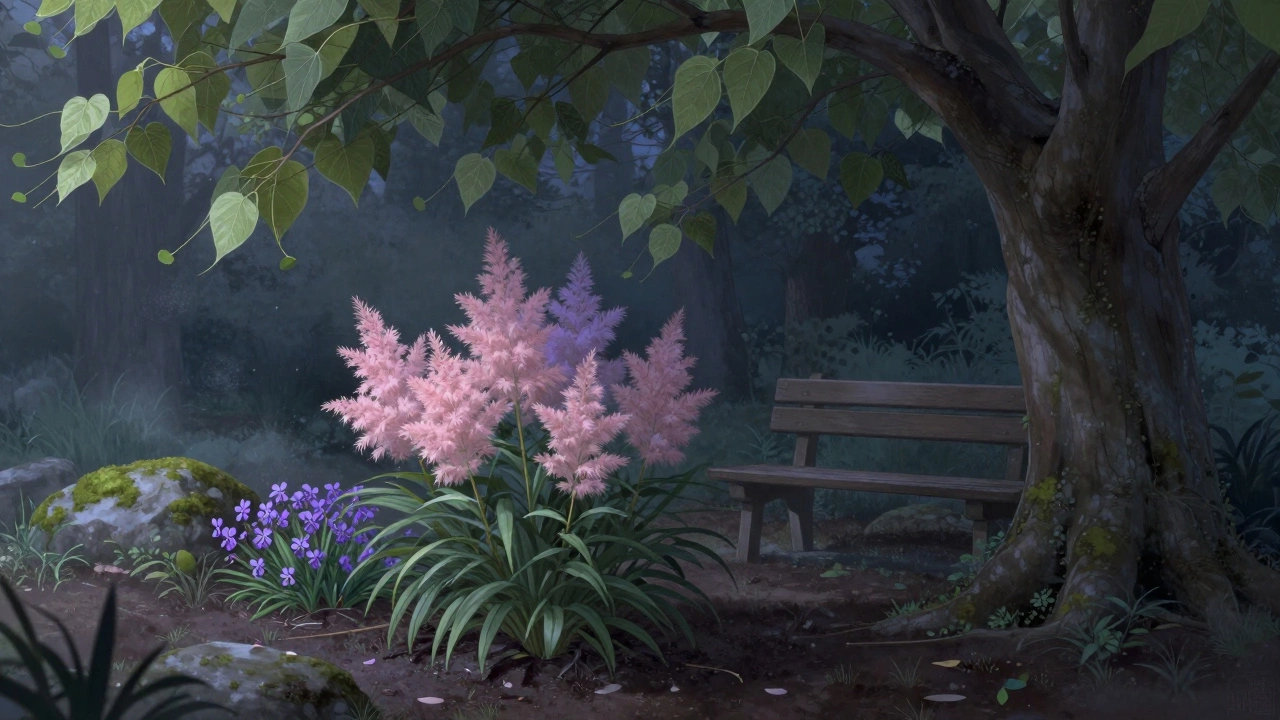 Астильба и фиалка в тени липы, окруженные мхом и листьями, в мягком вечернем свете.