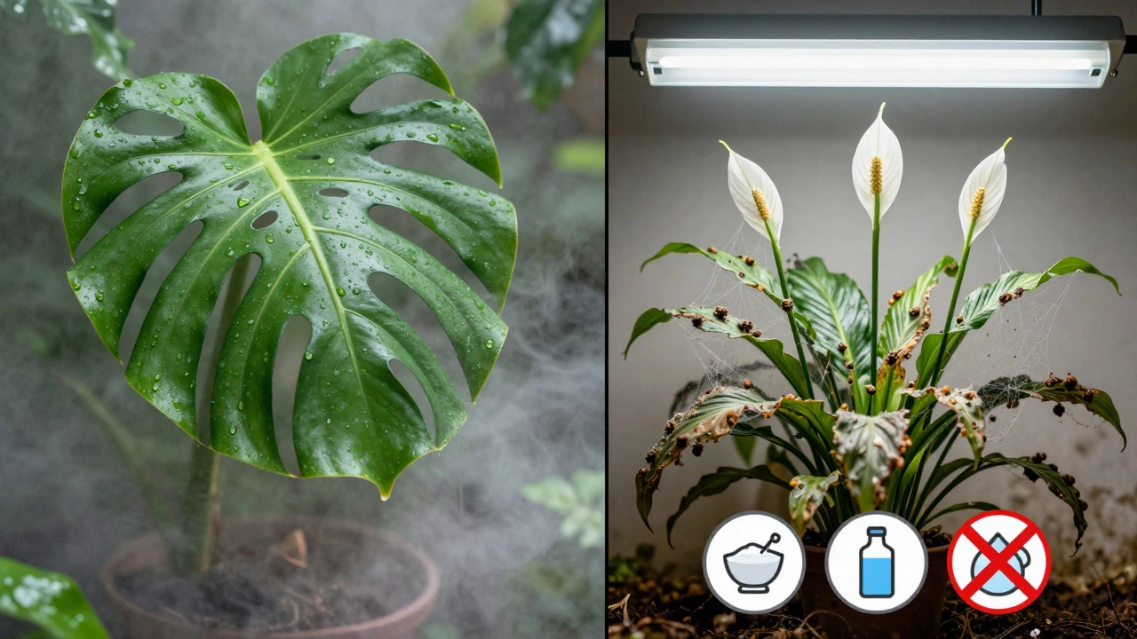 Два состояния растения: здоровое и пораженное вредителями, с визуальным контрастом между увлажнением и сухостью.