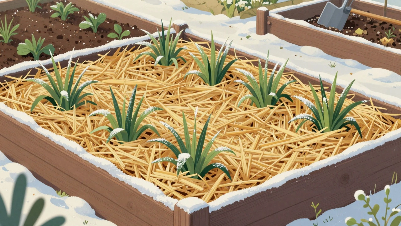 Грядка с сидератами и мульчей, подготовленная к зиме