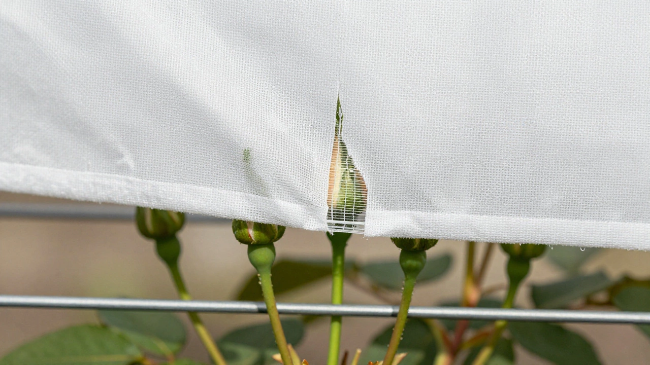 Каркас с агроволокном над розой, ткань не касается листьев.