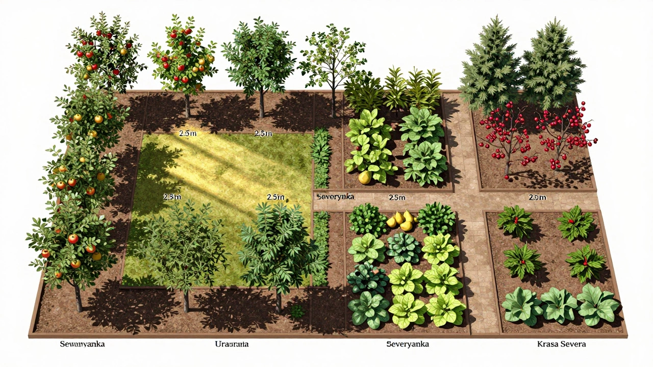 Компактный сад на 6 сотках с карликовыми фруктовыми деревьями, расположенными по зонам: южная сторона — яблони и груши, северная — вишня и слива.
