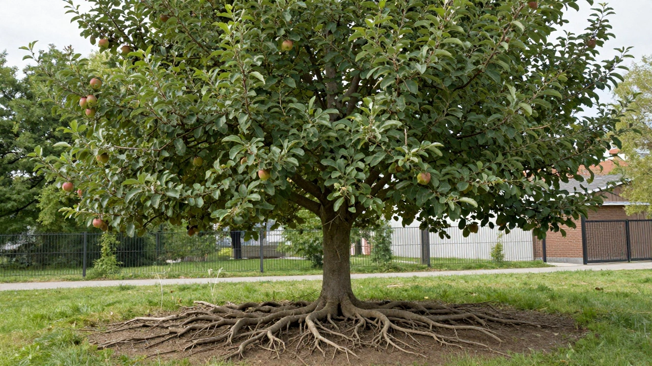 Корни яблони, расходящиеся на 5 метров, и крона, затеняющая соседние деревья, забор и постройки — наглядное объяснение последствий слишком близкой посадки.