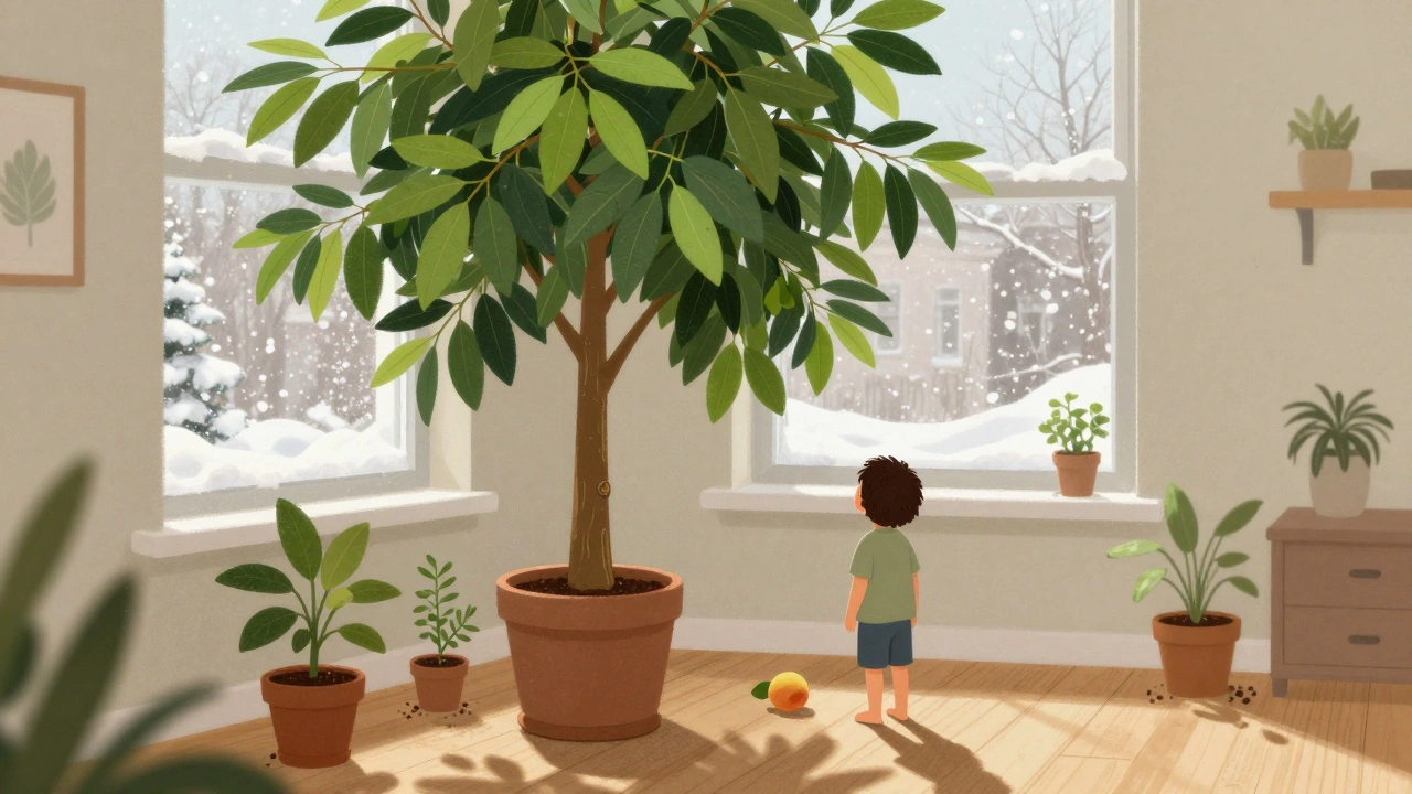 Крупное дерево авокадо растет в квартире, листья достигают окна, за ним — зимний пейзаж за стеклом.