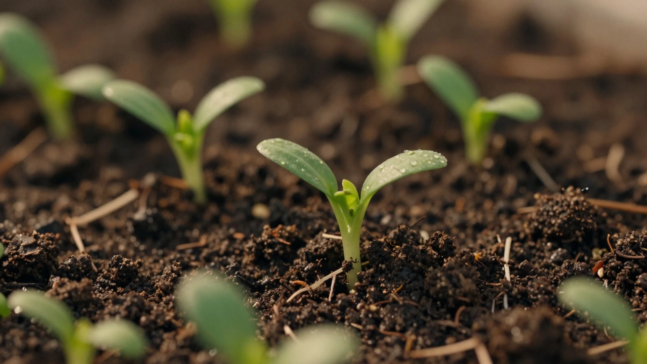 Макросъемка проростков редиса и лука в темной почве