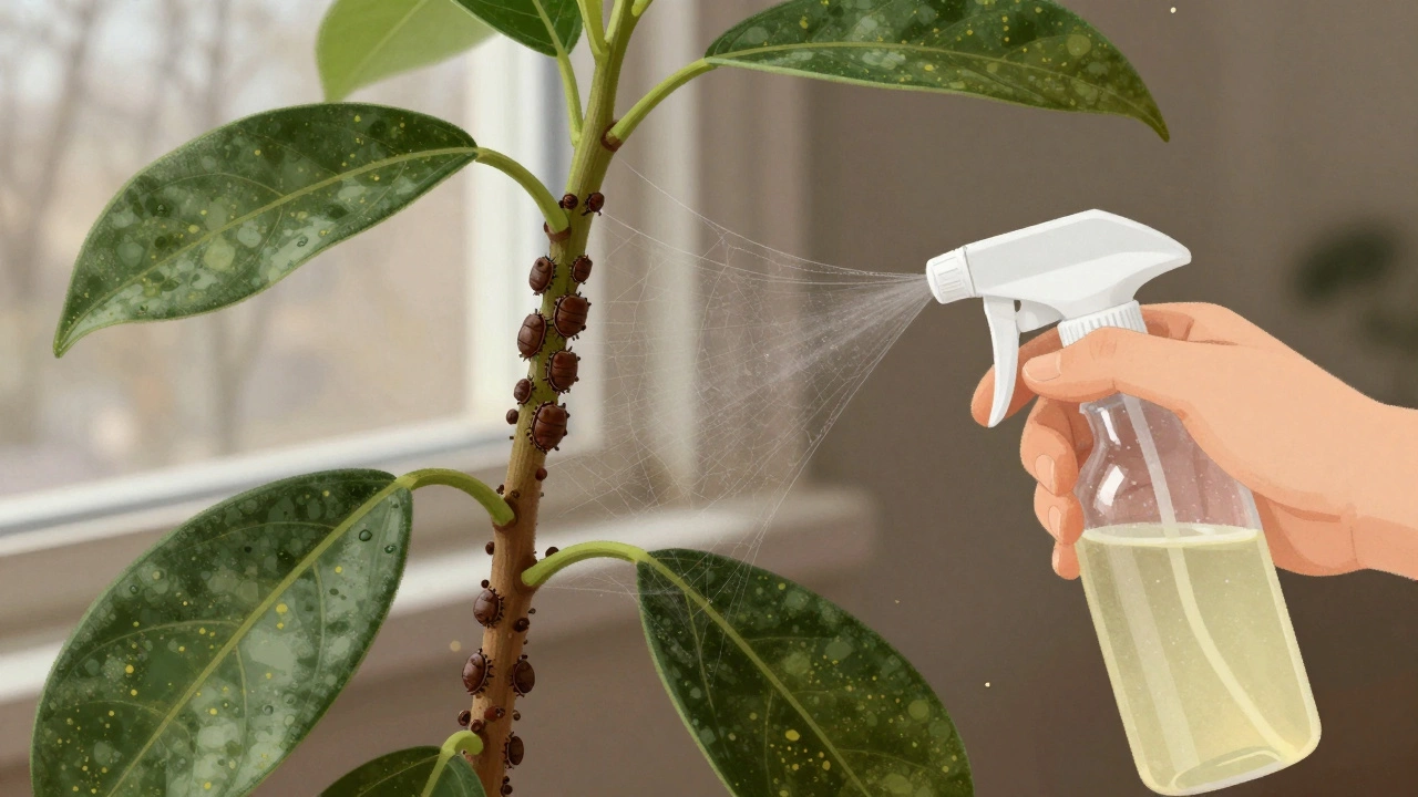 На стебле фикуса — щитовки и тонкая паутина, листья с желтыми пятнами, на фоне зимнего окна.