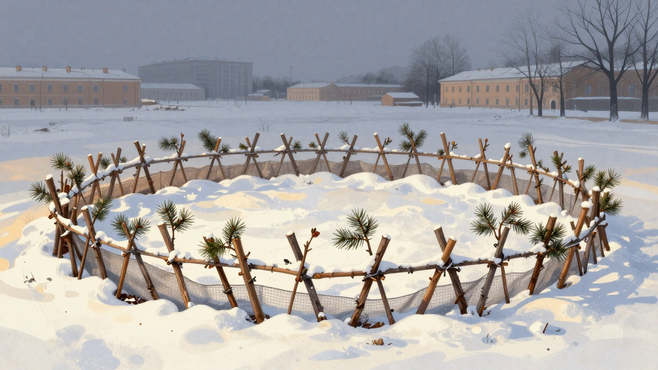 Розовый куст с пригнутыми ветками, укрытый снегом и хвоей, защищённый от ветра в зимнем саду.