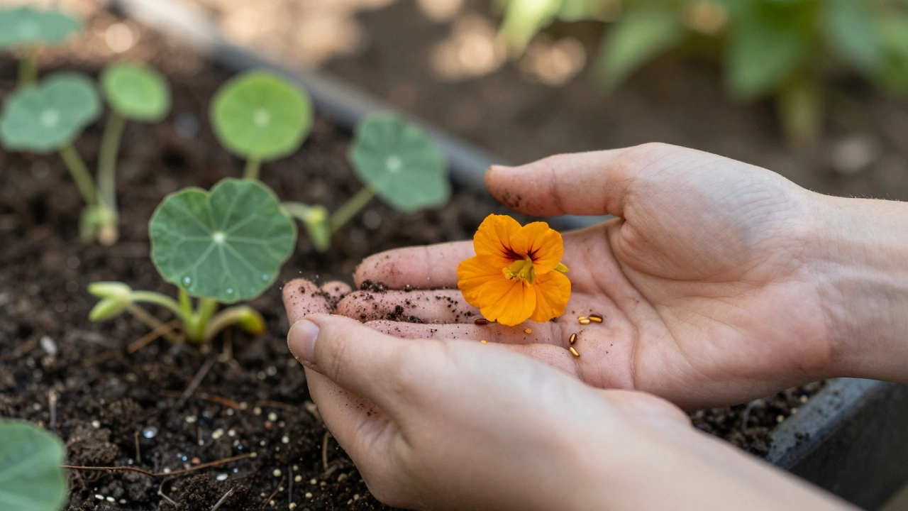 Руки присыпают мелкие семена тонким слоем земли, видны всходы и капли росы на почве.