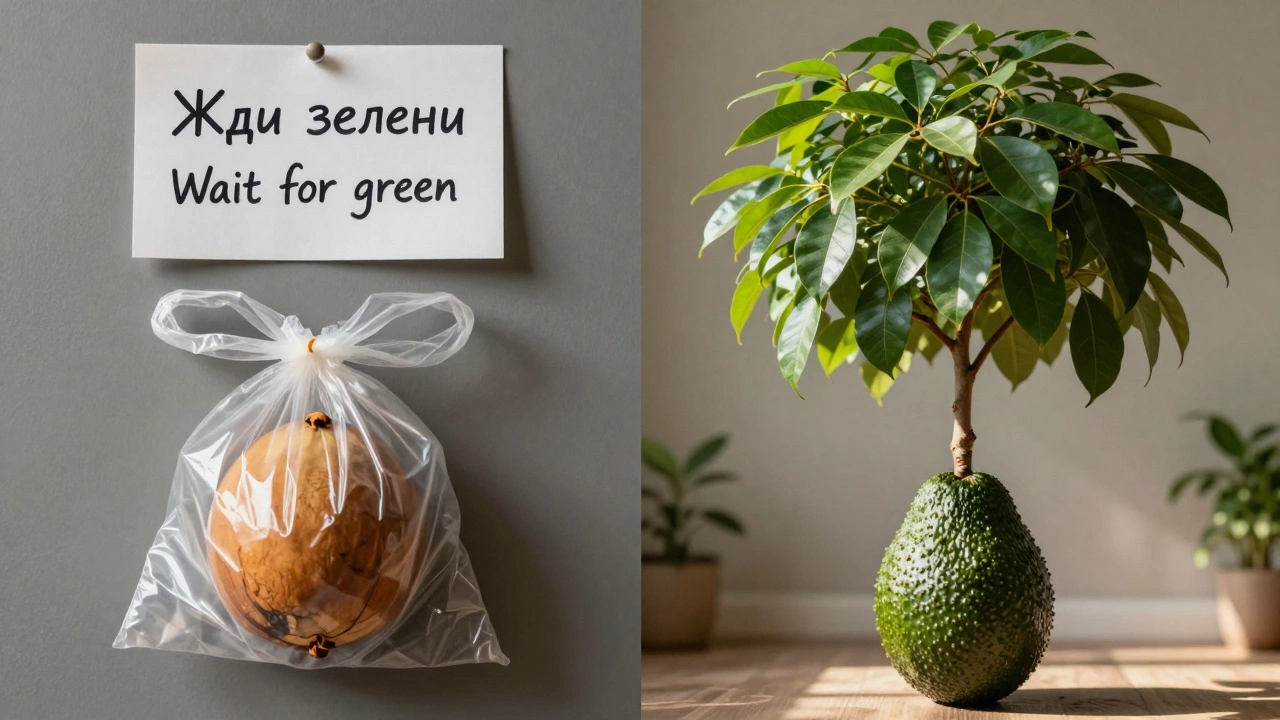 Сравнение: брошенная косточка и живое дерево — символ превращения обычного фрукта в источник зелени.