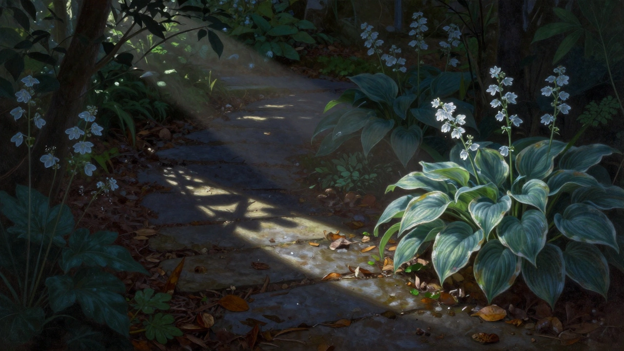 Таинственная тень сада с лунником и бруннерой при лунном свете, на фоне каменной дорожки.