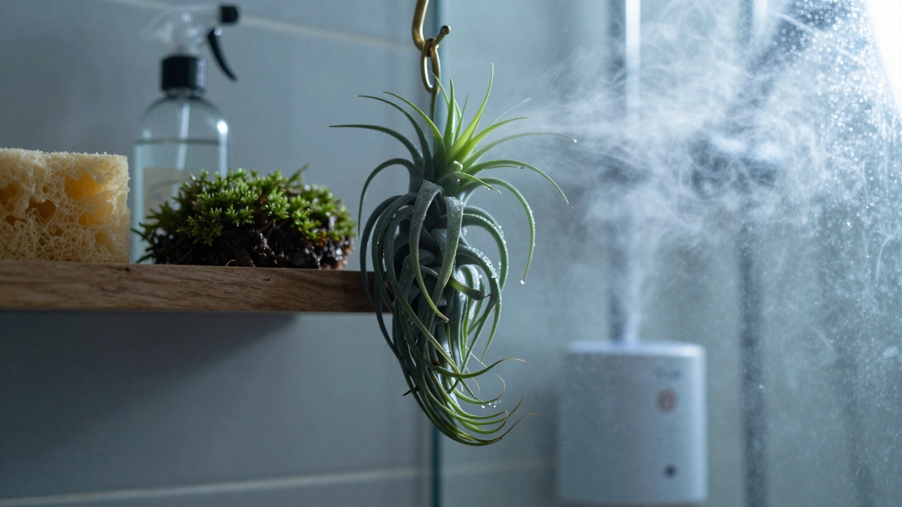 Тилландсия, подвешенная на крючке в ванной, с каплями влаги на листьях и паром из душа.