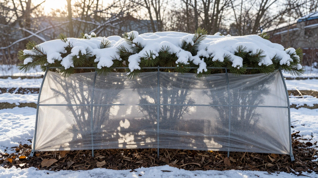 Трёхслойная система укрытия кустов: мульча, каркас и спанбонд под слоем снега, без пластика.