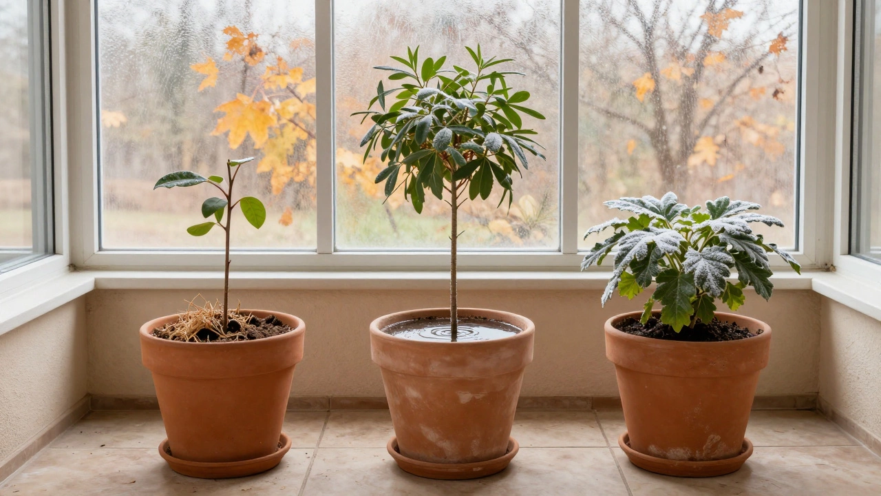 Три горшка на застекленной веранде: один сухой и утепленный, второй с ледяной коркой, третий — в состоянии покоя под мягким светом.