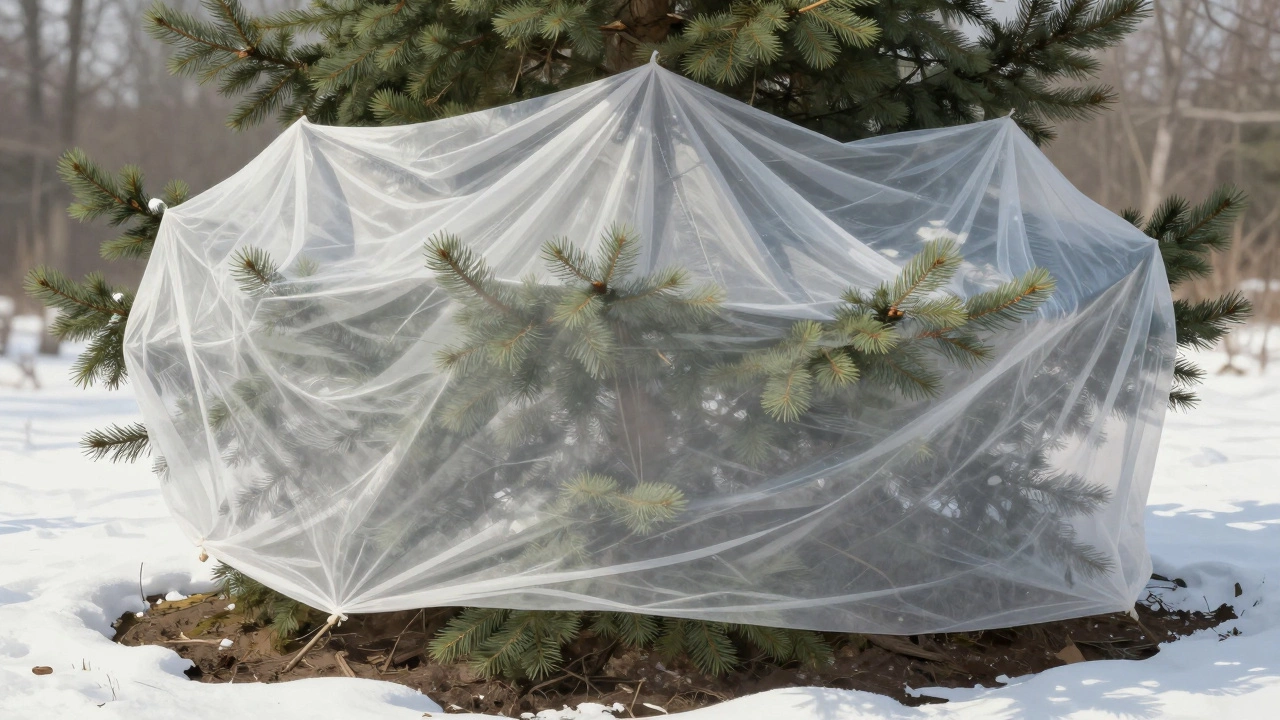 Вечнозеленое дерево укрыто материалом от весеннего солнца.