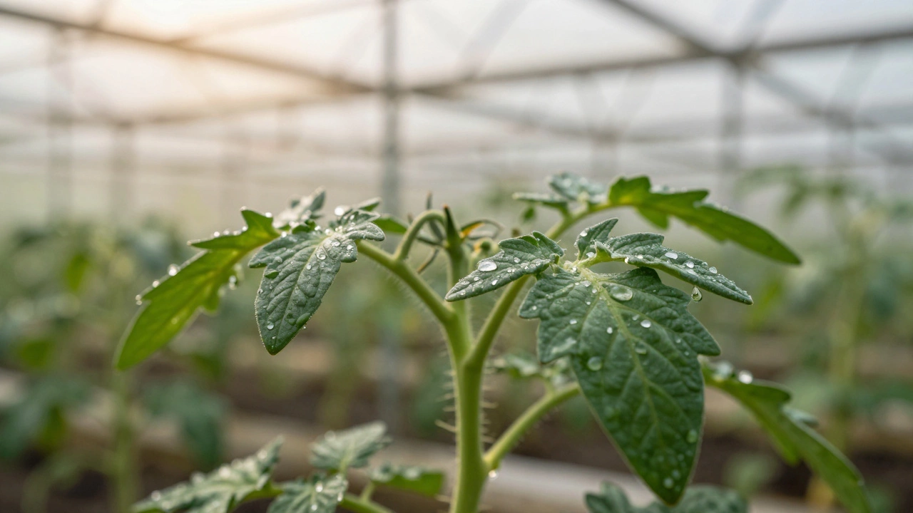 Влага на листьях рассады томатов в теплице