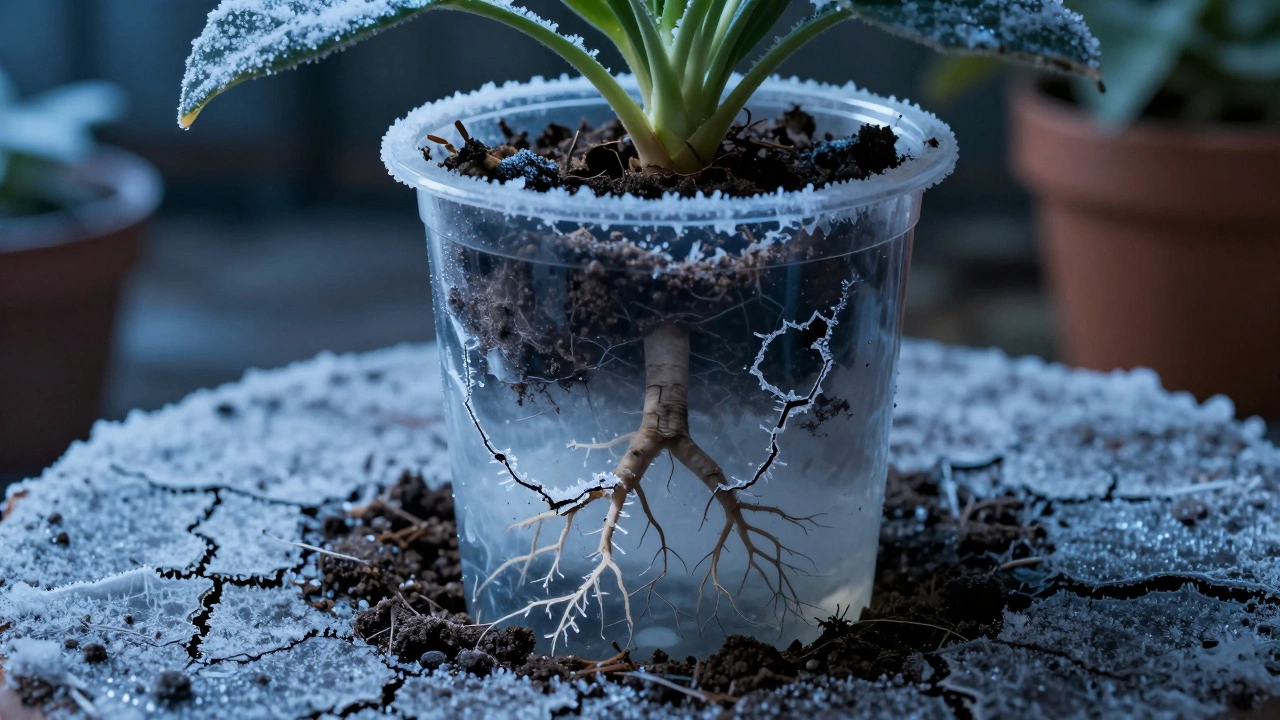 Замерзшая почва в горшке с видимыми трещинами от льда и поврежденные корни внутри прозрачного контейнера.