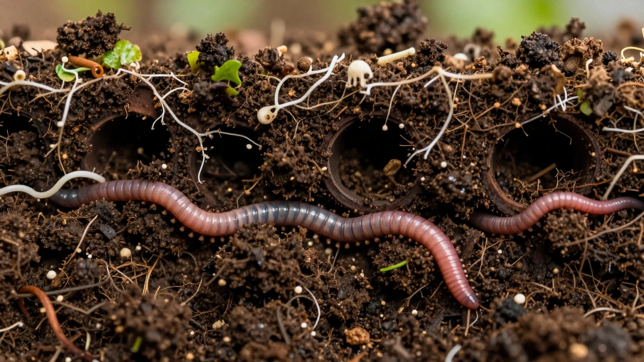 Земляные черви и микроорганизмы в здоровой почве крупным планом