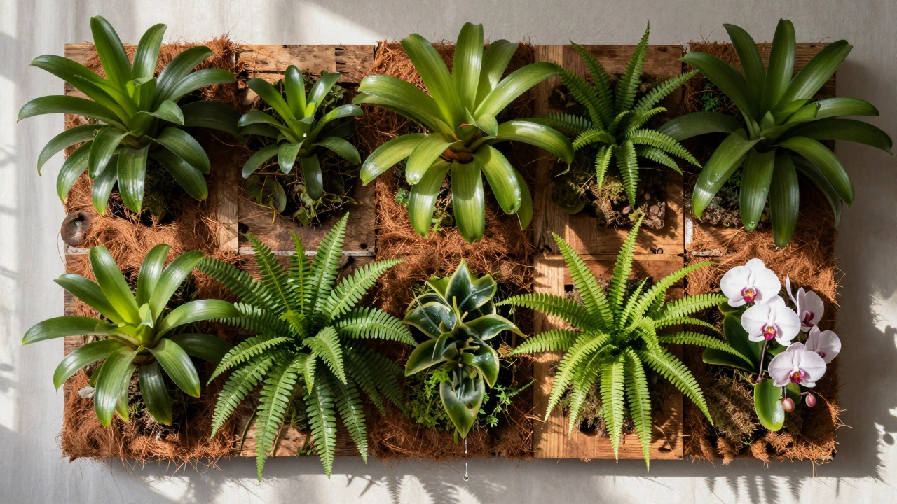 Живая стена из эпифитов на деревянной основе, без земли, с мхом и кокосовым волокном.