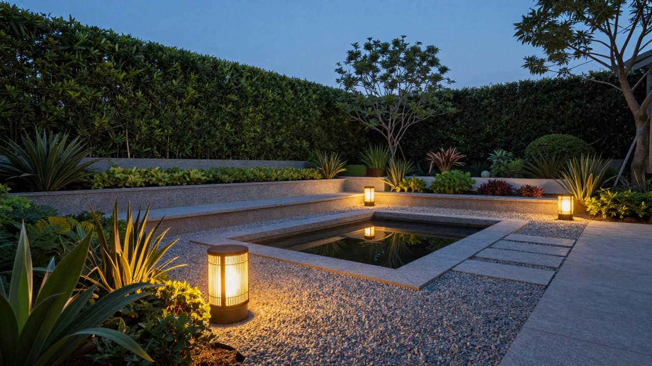 3D-визуализация сада в сумерках с декоративным освещением и прудом